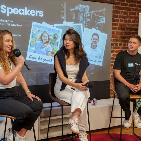Aggie, Rachael & Sebastian speaking at Founders on Tap